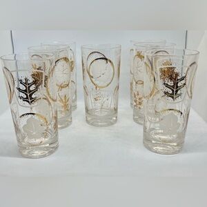 Vintage MCM 1950s Federal Glass Gilt Fronds Highball Glass - Set of 7